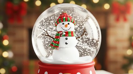 Snowman figure stands inside a snow globe on a red base, creating a festive Christmas atmosphere in a cozy home setting with fireplace in the background. - Powered by Adobe