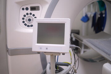 Medical device monitor with control panel in clinic. Modern diagnostic equipment for healthcare. Advanced technology for precision medicine.