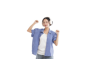 Joyful Soundscape: A cheerful individual, immersed in the world of music through headphones,...