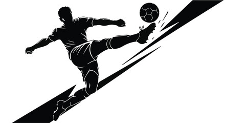 Dynamic silhouette of a soccer player kicking a ball mid-air with powerful motion