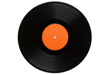 Classic black vinyl LP record with orange label in center, isolated on white background, representing retro music and analog sound.
