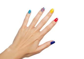Open female hand with brightly colored manicure in red, yellow, blue and design accent, expressing style and creativity.
