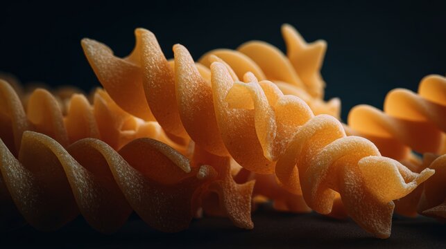 Close up of spiral pasta over dark background highlighting texture and shape