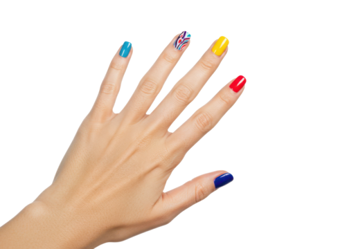 Open female hand with brightly colored manicure in red, yellow, blue and design accent, expressing style and creativity.
