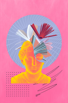 Abstract human antique statue and human hand, books. Creative idea symbol, art design or collage. Mental Health, thinking, psychology, education concept