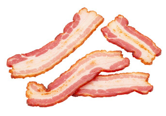 Obraz premium Four strips of cooked bacon with golden edges and visible fat texture, classic breakfast food or snack topping. 