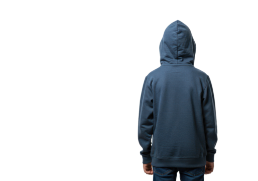Back view of a teenager wearing blue hoodie with hood up, casual youth clothing for fashion or identity concepts.
