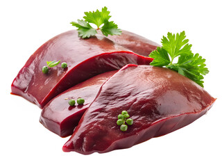 Raw pork liver meat on a white background with fresh herbs