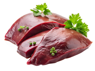 Raw pork liver meat on a white background with fresh herbs