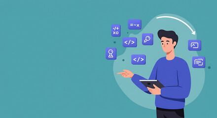Illustration of a young man using a laptop for online education in coding and science