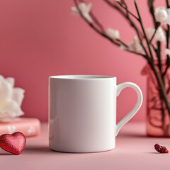 A white mug mock up on bokeh lights background create a cozy, warm, and romantic atmosphere.