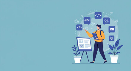 Vector illustration concept of a software developer presenting application logic and code
