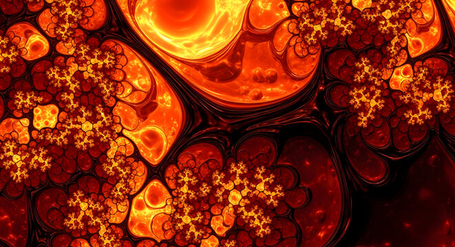 Vibrant abstract fractal art featuring intricate, glowing patterns resembling molten lava or cellular organisms in fiery red and orange hues
