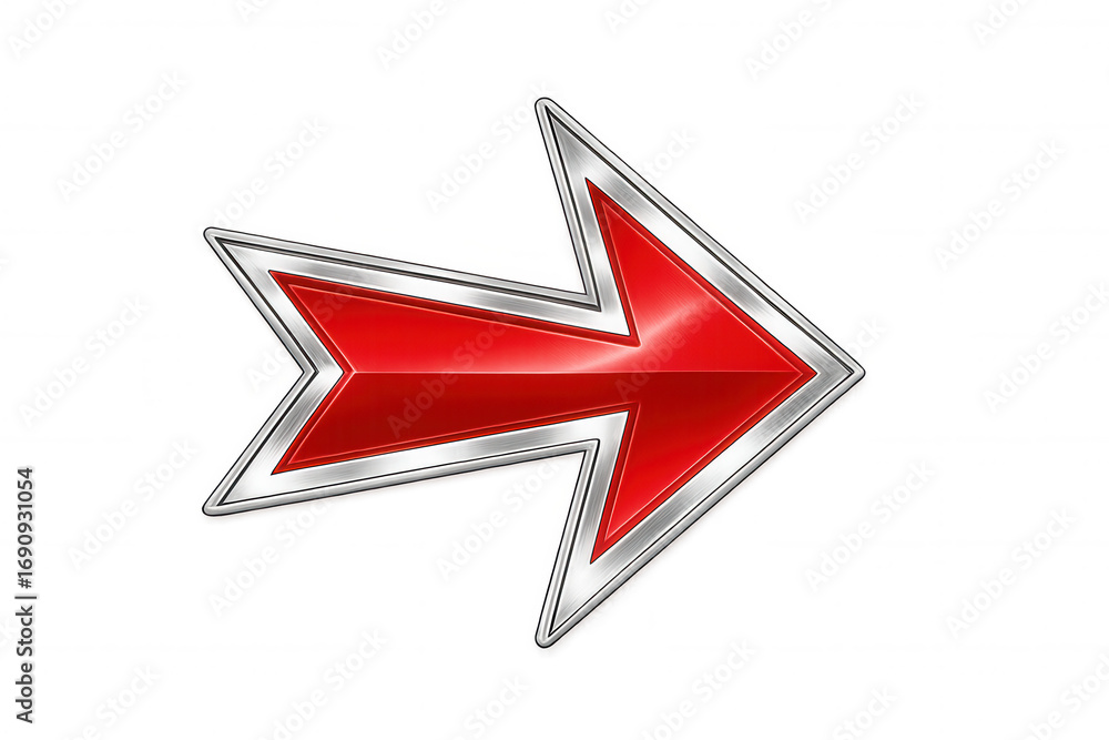 Poster metallic red and silver arrow pointing right on a transparent background, ideal for indicating direc