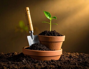 A small green plant sprouts from a terracotta pot filled with soil, accompanied by a gardening trowel.
