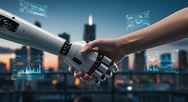 Symbolic handshake between a human and an AI robot, representing the future of collaboration, innovation, and digital business transformation - Powered by Adobe