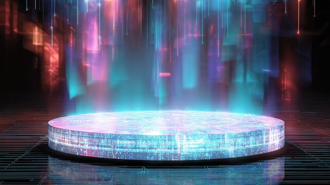 A circular podium with glowing digital code patterns, set against an abstract background of neon lights and holographic effects. The podium is centered in the composition. - Powered by Adobe