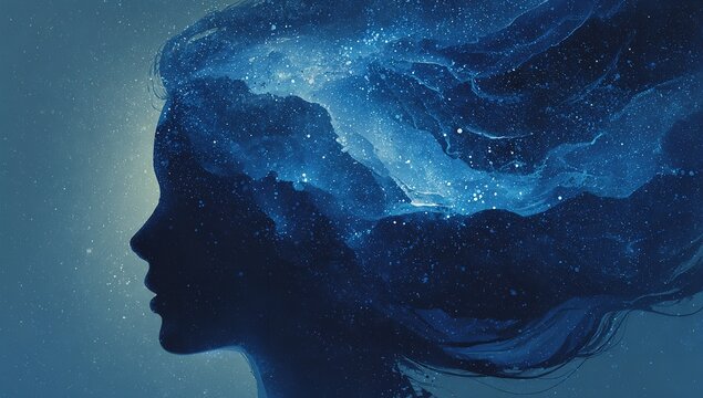 Silhouette of a Woman with Curly Hair Formed by Glowing Stars and Nebulae Against a Starry Galaxy Background