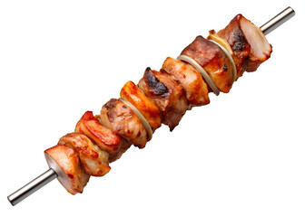 shish grilled kebab on skewer over a fiery barbecue grill on transparent background
