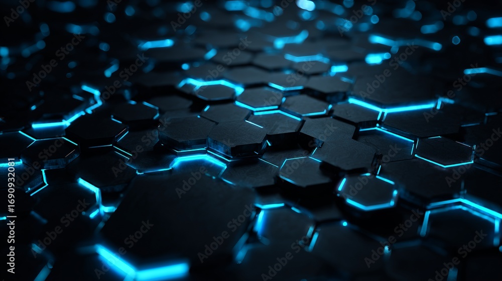 Poster abstract futuristic technology background with illuminating blue hexagons on a dark geometric surfac