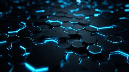 Obraz premium Abstract futuristic technology background with illuminating blue hexagons on a dark geometric surface creating digital innovation.