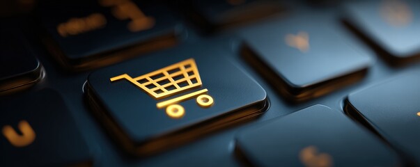 Close-up of a dark keyboard key with a shopping cart icon