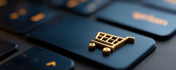 Golden shopping cart icon on dark computer keyboard