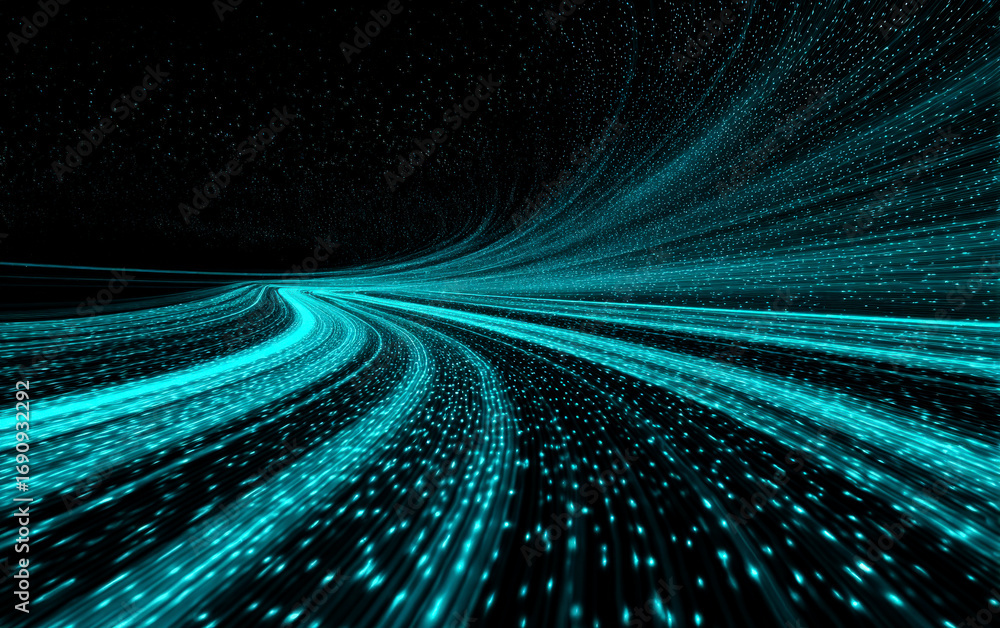 Poster dynamic blue light streaks representing high-speed digital data flow