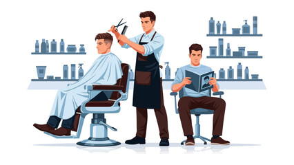 Skilled barber meticulously cutting hair of a seated client in a modern salon with shelves full of grooming products and another client reading