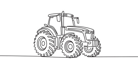 A single continuous line drawing of a modern farm tractor. Agricultural machinery concept in a minimalist, vector style for the farming industry