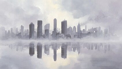 Fototapeta premium Misty city skyline reflected on water