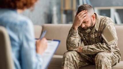 Depressed military veteran in uniform sitting during a therapy session, symbolizing PTSD, trauma recovery, mental health support, counseling, and psychological treatment.