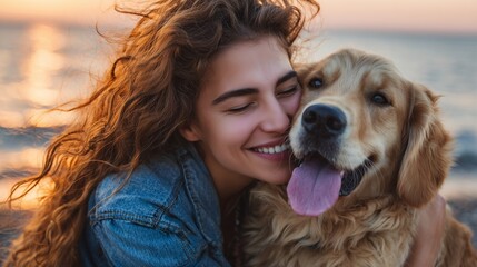 Happy young woman hugging golden retriever dog on beach at sunset. Concept of friendship, love, summer vacation, pet care, bonding, lifestyle, joy, happiness, outdoor leisure and animal companionship.