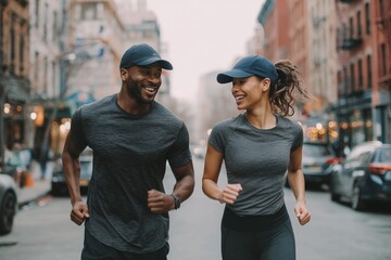 Happy athletic couple jogging together on a city street in sportswear. Urban fitness lifestyle concept. Perfect for health, wellness, active living, and sports marketing campaigns.