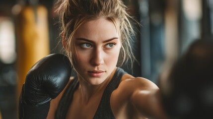 Confident female boxer training at gym, throwing punch with focus and determination. Perfect for fitness, strength, motivation, sport, and healthy lifestyle concepts.