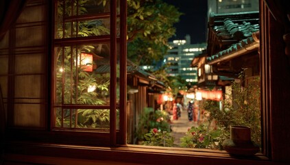 Night view of a Japanese alleyway through a window