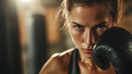 Focused female boxer in black gloves training at gym, showing determination and strength. Perfect for fitness, sports, motivation, empowerment, and healthy lifestyle campaigns.