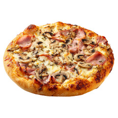 freshly baked pizza with savory ham and sliced mushrooms
