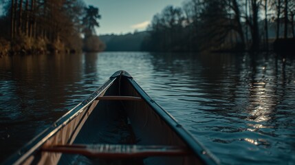 Obraz premium View from canoe floating on river at sunset with trees reflecting in water. Concept of travel, outdoor adventure, eco tourism, relaxation, summer holiday, exploration, freedom, lifestyle.