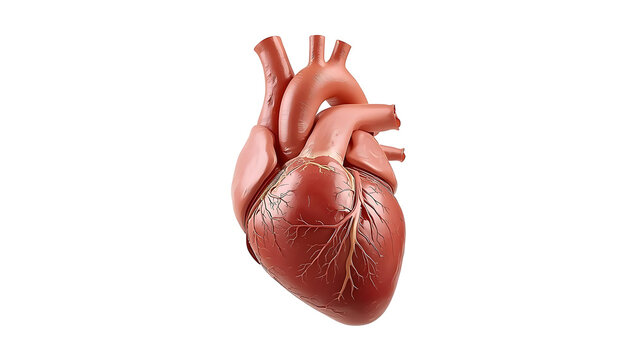 Anatomically correct human heart model showing the major blood vessels like the aorta, veins, and arteries isolated on a white background