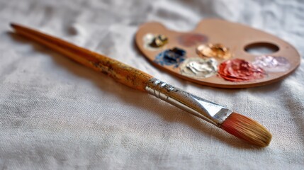 Close up of artist brush on palette with oil paints and texture background