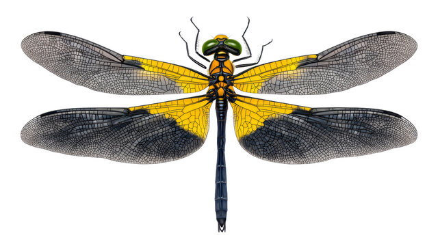 Detailed Yellow and Black Dragonfly with Transparent Wings on Black Background Illustration
