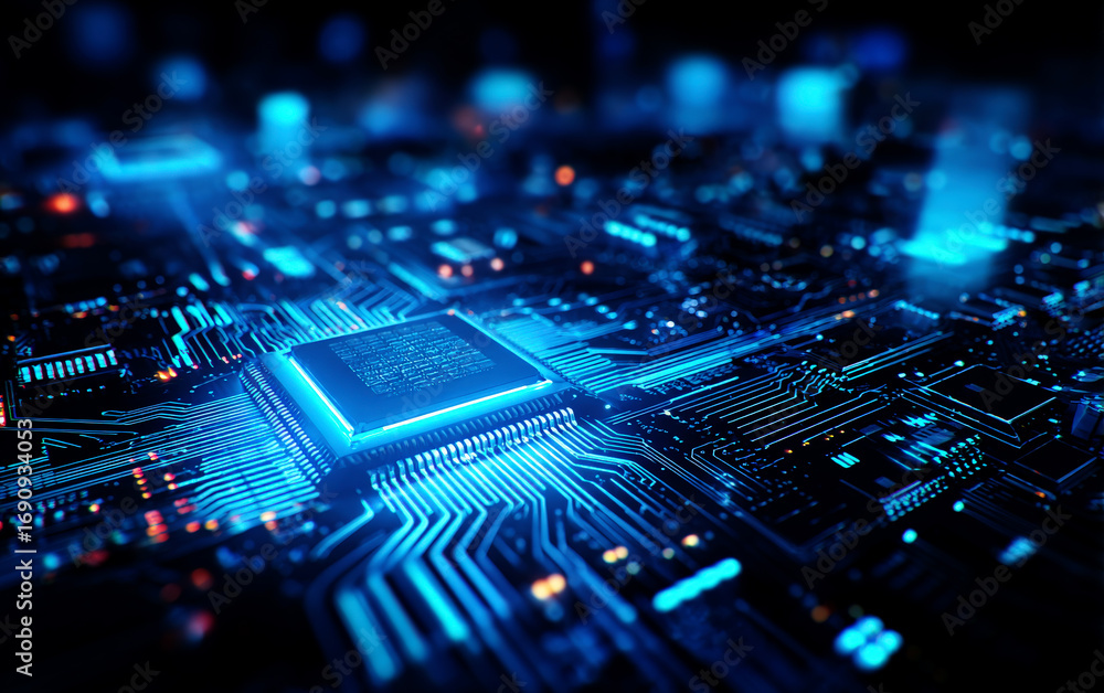 Poster close-up view of a modern electronic circuit board with glowing components