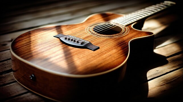 Acoustic guitar on wooden bench, detailed texture in warm light – timeless musical elegance