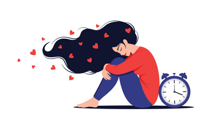 A person reflecting on past relationships with hearts floating around like memories through time