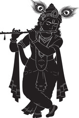 Fototapeta premium Silhouette of Hindu deity Krishna playing flute with peacock feathers vector illustration
