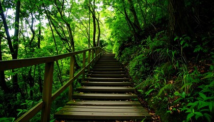 A wooden staircase ascends through a lush, vibrant green forest, sunlight filtering through the canopy. The path is enclosed by wooden rails