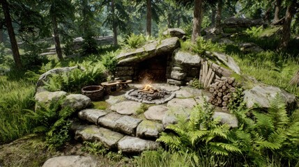 Stone fire pit nestled in a lush forest