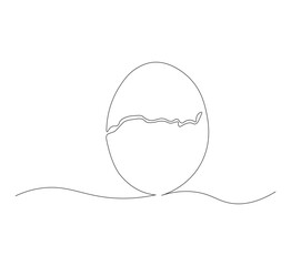 Draw one continuous line of a cracked egg shell. white background. One line organic farming products concept. Editable outline