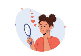 Young woman admiring her reflection in the mirror with love hearts surrounding her head showing self love and confidence